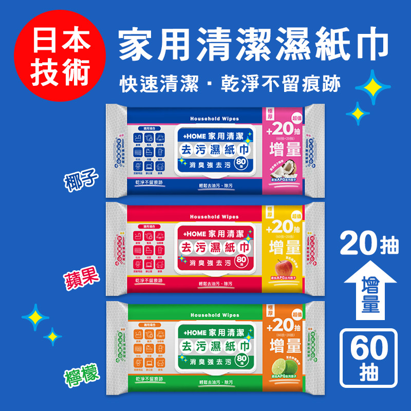 +Home 極厚家用清潔去汙濕紙巾 增量80抽《 一組六包》