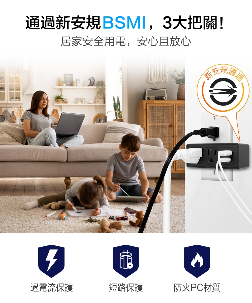 【Glolux 北美品牌】黑白牆插 擴充式壁插轉接器 (2面插座3孔3P插頭+1USB+1Type-C)WO-2A2B-100