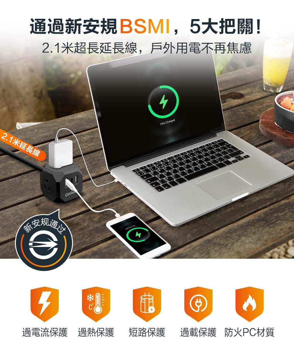 【Glolux 北美品牌】流星錘 3面插座3孔3P插頭+2USB + 1Type-C(15W)黑色延長線2.1M(7尺)