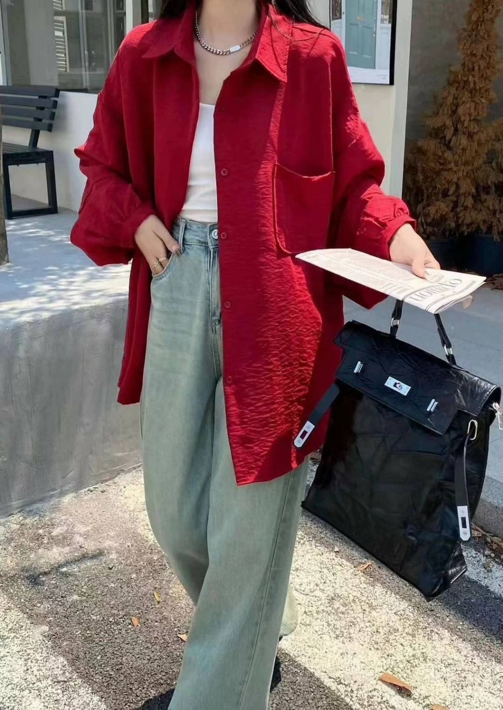 大口袋麻紡襯衫