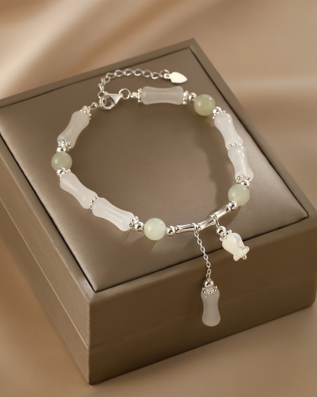 鈴蘭花天山翠玉竹節純銀手鏈925純銀