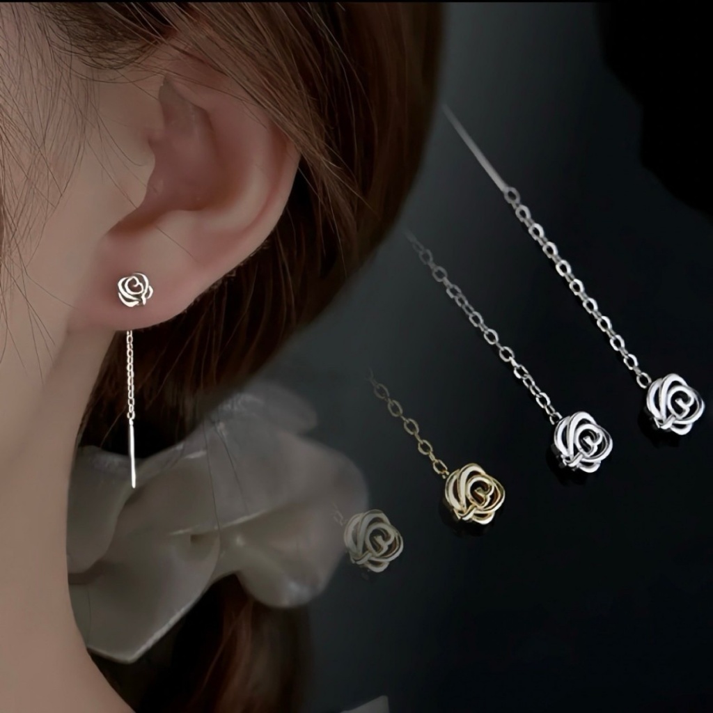 999足銀 玫瑰花耳線 流蘇耳線耳環