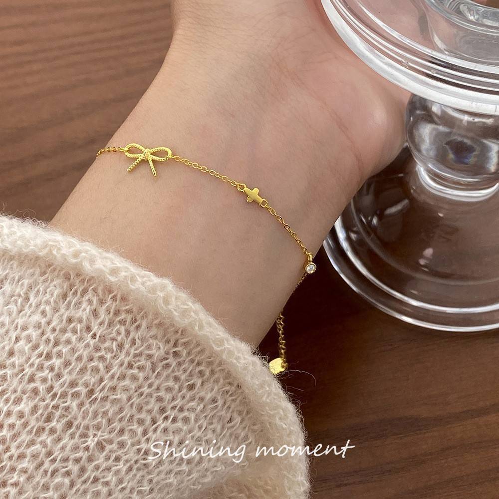 日韓系精品 清新甜美蝴蝶結十字純銀手鍊