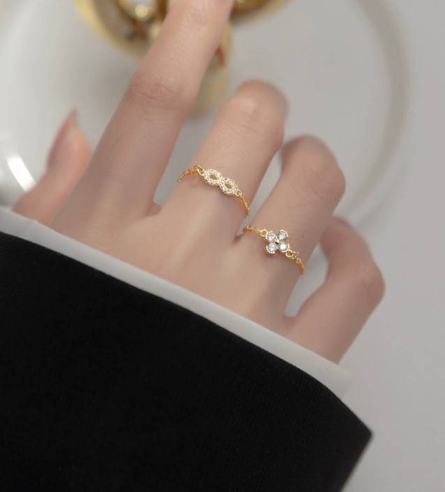 日韓系精品 簡約小清新8字甜美花卉光珠純銀鍊戒