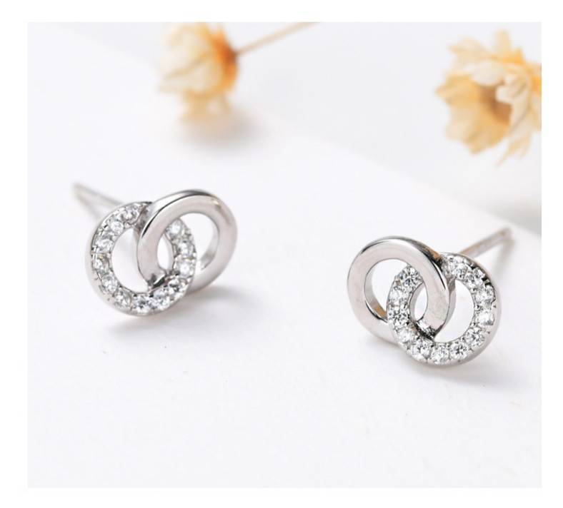 日韓系精品 氣質百搭環環相扣微鑲鑽純銀耳環