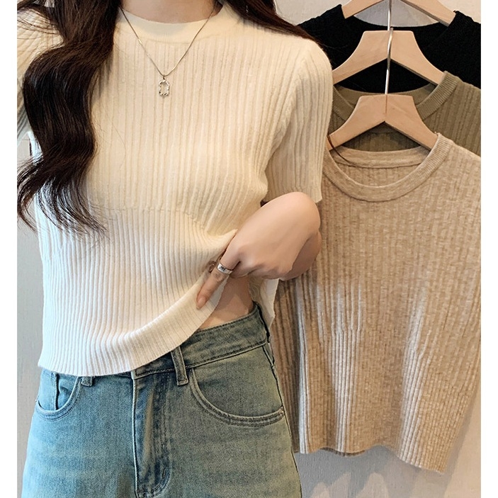 白色正肩短袖針織修身短袖上衣