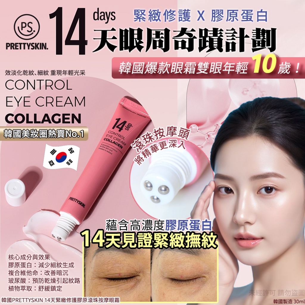 韓國PRETTYSKIN 14天緊緻修護膠原滾珠按摩眼霜30ml