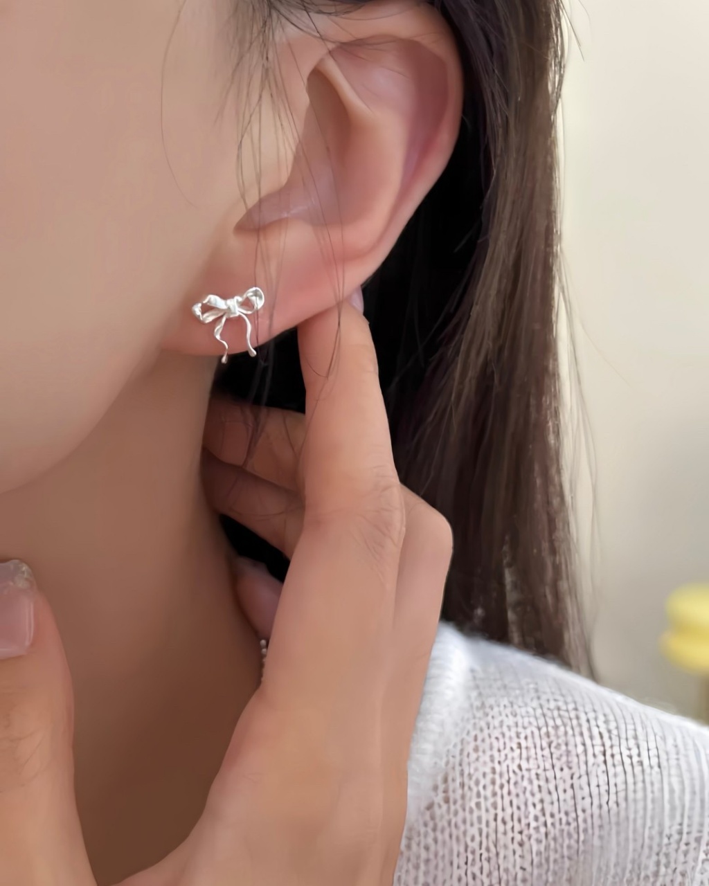 925純銀芭蕾絲帶蝴蝶結 蝴蝶結純銀耳環(一對)