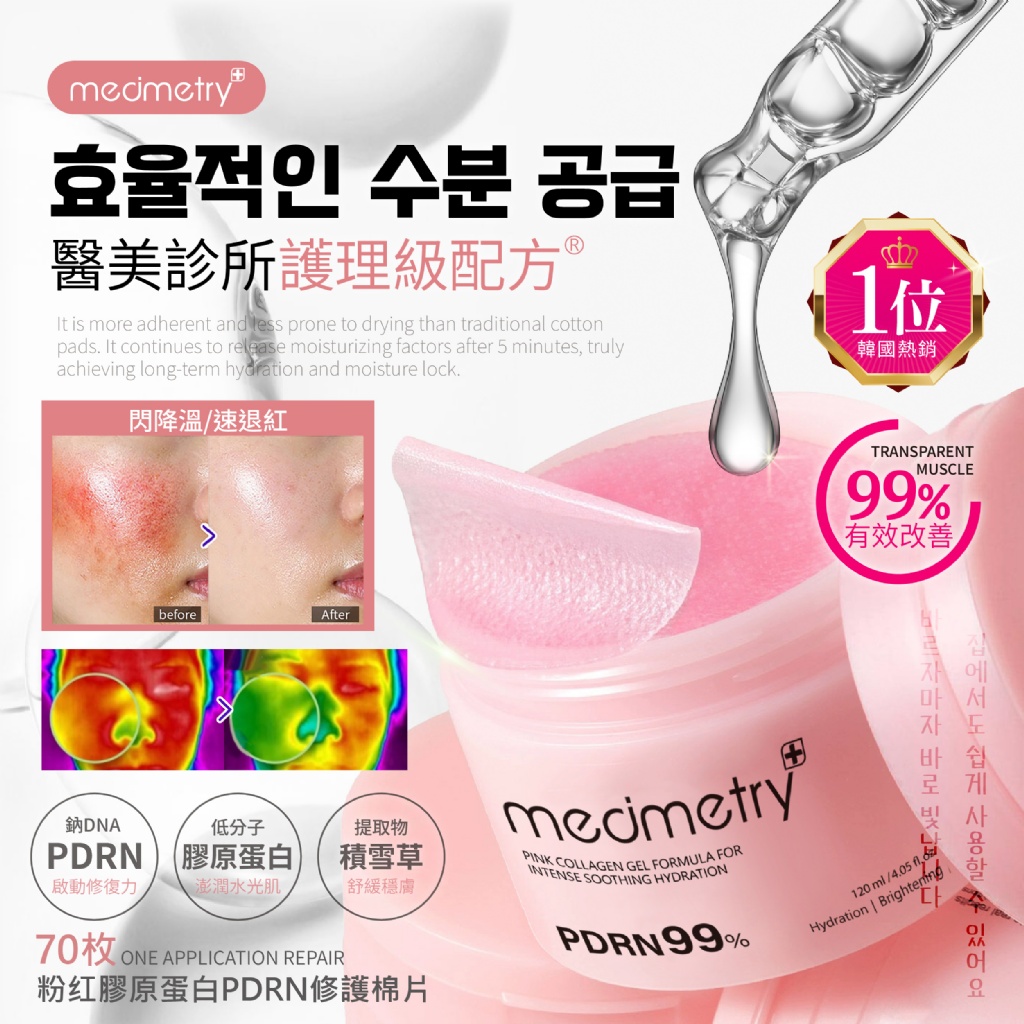 Medimetry®粉紅膠原蛋白PDRN修護棉片 70枚