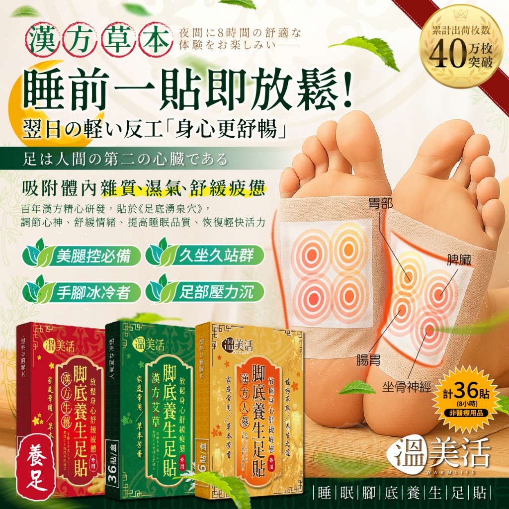 溫美活® 漢方草本睡眠腳底養生足貼 (36貼/盒)