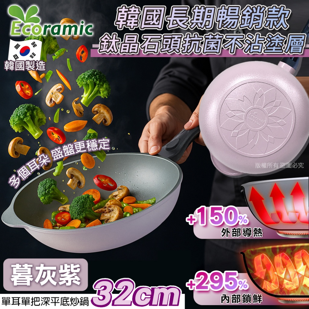 韓國Ecoramic 32cm單耳單把深平底炒鍋-暮灰紫